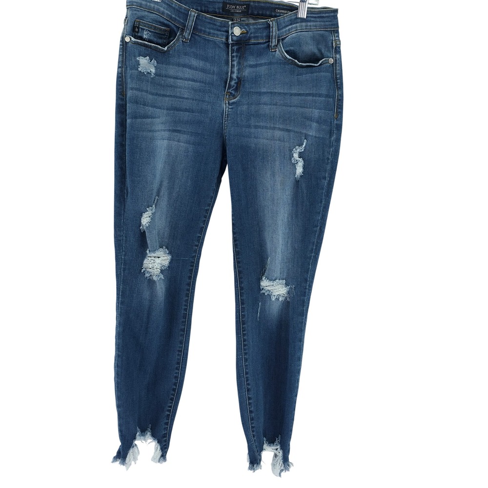 Judy Blue Cropped Fit Jeans Womens 15/32 Blue Distressed Raw Hem High Waisted